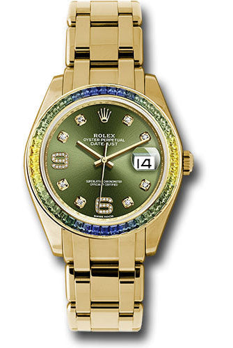 Rolex Yellow Gold Datejust Pearlmaster 39 Watch - 48 Blue To Green Gradient Baguette-Cut Sapphires Bezel - Olive Green