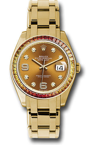 Rolex Yellow Gold Datejust Pearlmaster 39 Watch - 48 Orange To Yellow Gradient Baguette-Cut Sapphires Bezel - Cognac Diamond