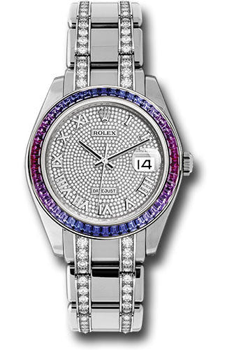 Rolex White Gold Datejust Pearlmaster 39 Watch - 48 Blue To Fuchsia Pink Gradient Baguette-Cut Sapphires Bezel - 18K White