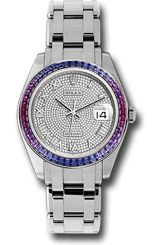 Rolex White Gold Datejust Pearlmaster 39 Watch - 48 Blue To Fuchsia Pink Gradient Baguette-Cut Sapphires Bezel - 18K White