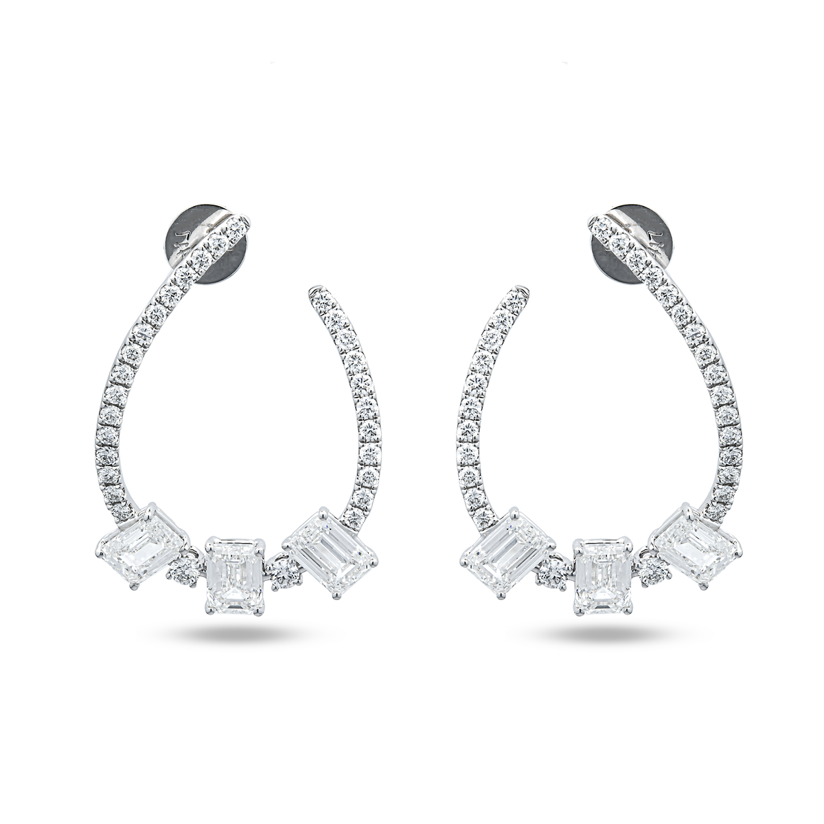 Lab Grown Emerald & Round Diamond Open Hoop Earrings 6.00ctw in 10K white gold