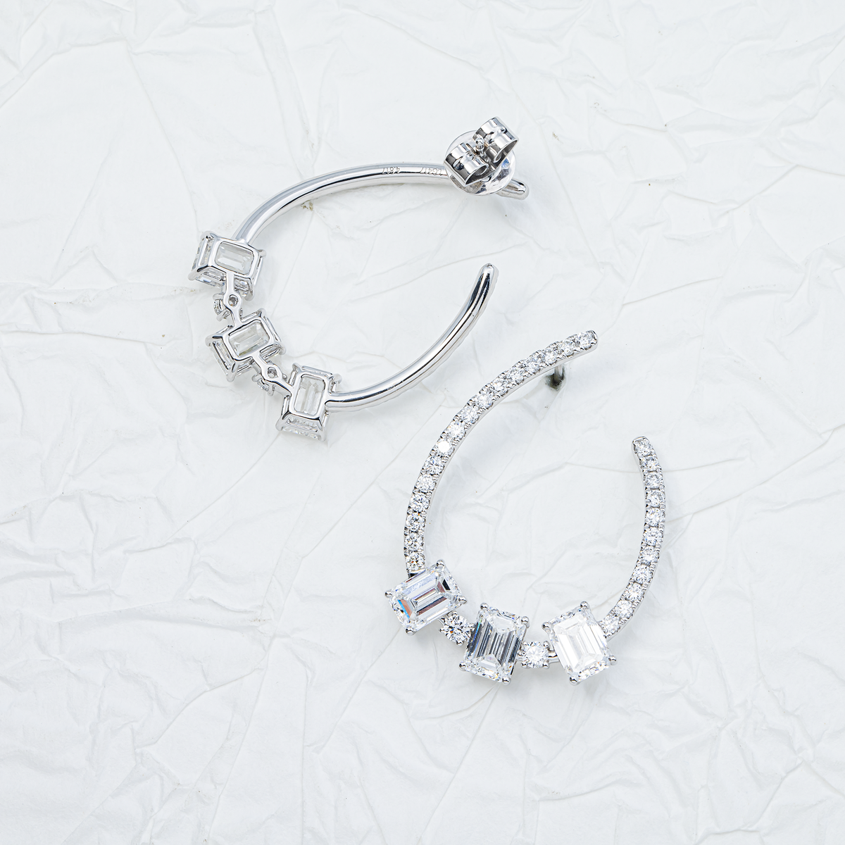 Lab Grown Emerald & Round Diamond Open Hoop Earrings 6.00ctw in 10K white gold, additional view