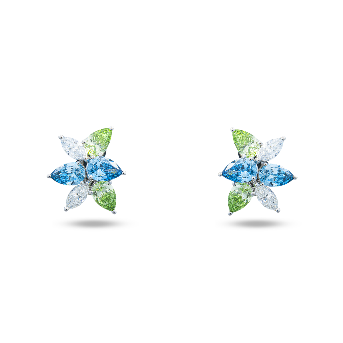 Lab Grown Fancy Blue & Green Diamond Ocean Garden Stud Earrings 5.11ctw in 10K white gold