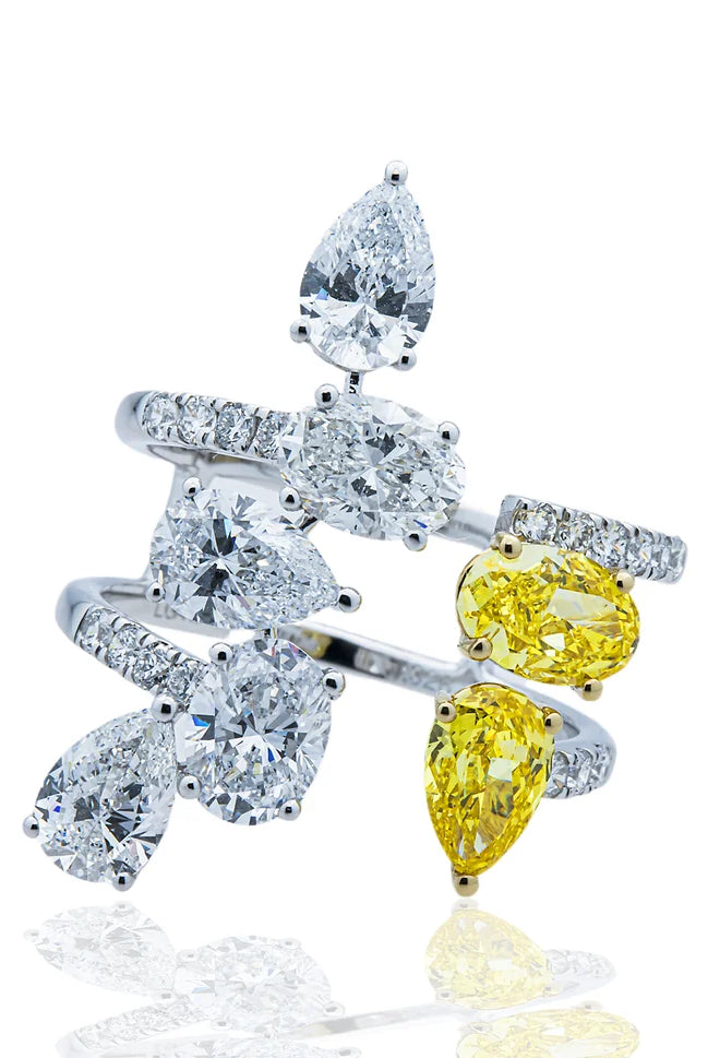 Lab grown fancy yellow and white diamond open cuff ring 4.67ctw in 10K white gold