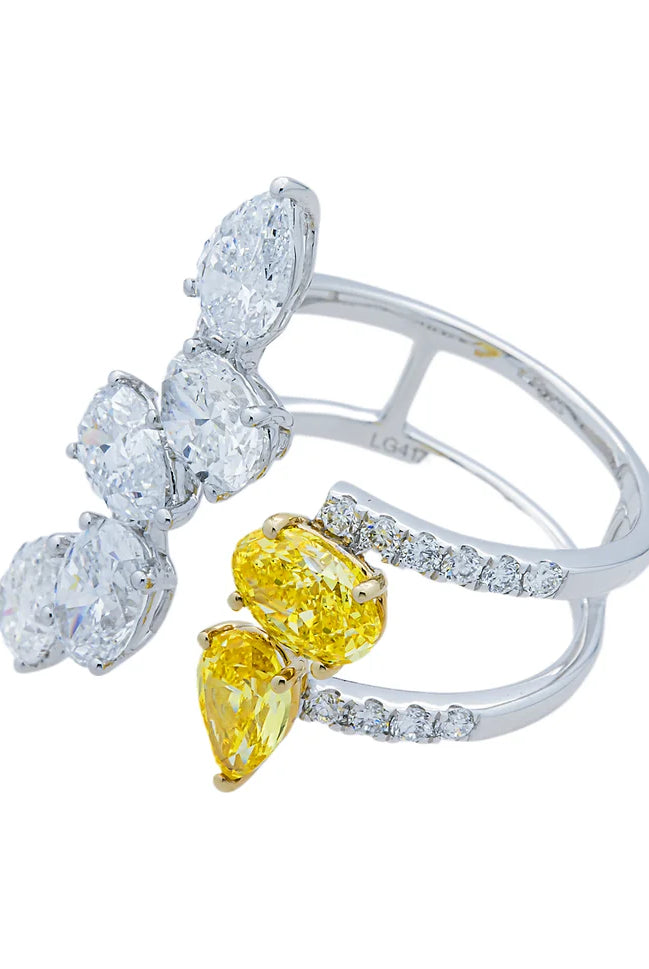 Pear, oval and round cut lab grown yellow and white diamonds on white gold cuff ring