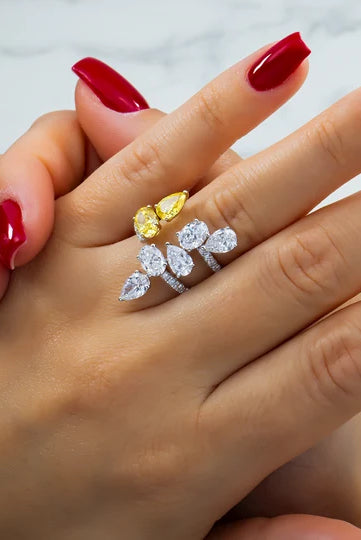 Lab grown yellow diamond open cuff ring in 10K white gold by Diamond Club Miami