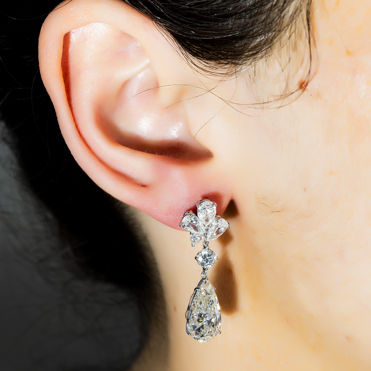 IGI certified Lab Grown Round & Pear Cut Diamond Drop Earrings 10.79ctw in 10K white gold, alternate view