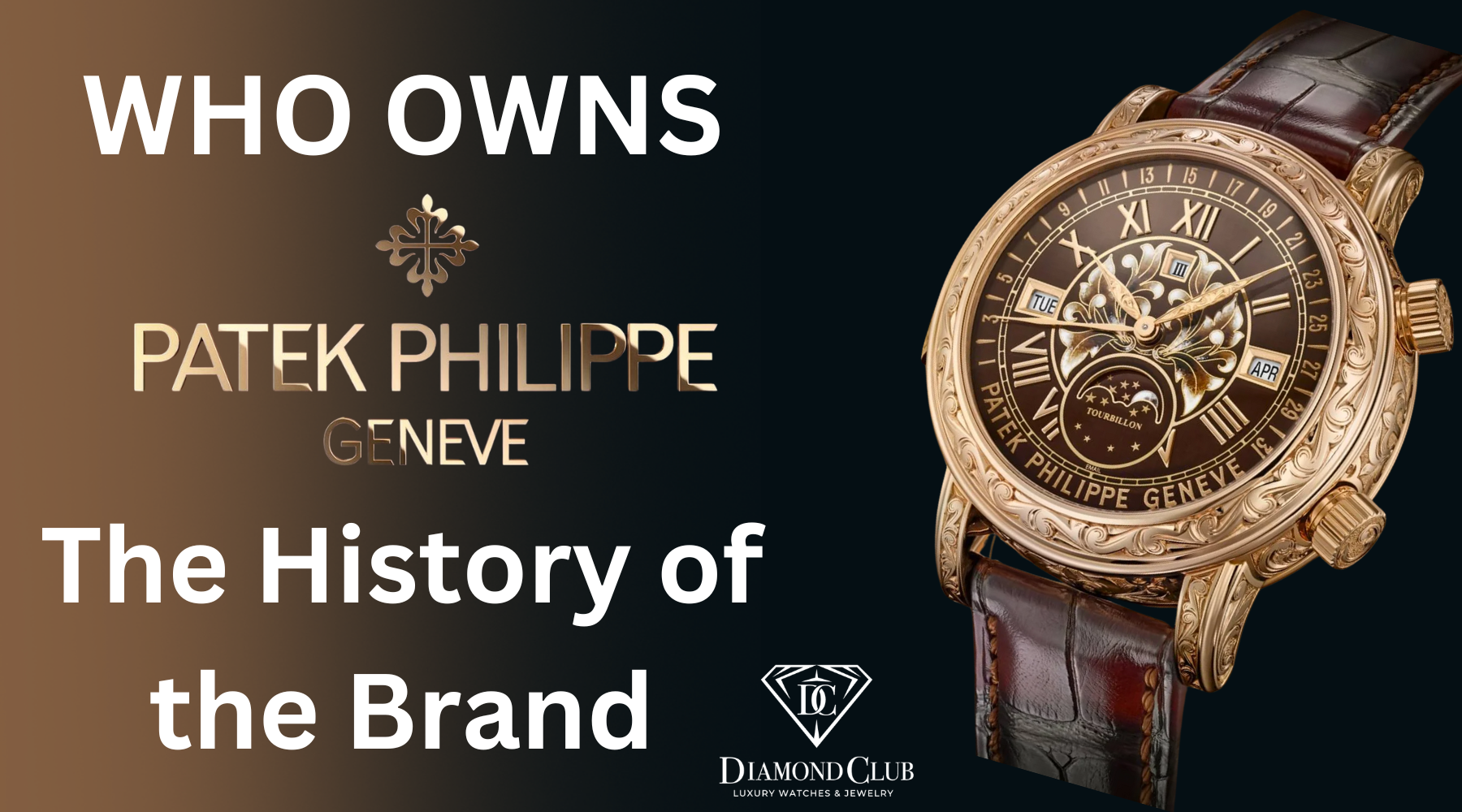 A digital blog thumbnail showing a Patek Philippe luxury watch with bold text asking “Who Owns Patek Philippe? The history of the brand”