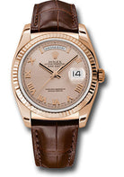 Rolex Everose Gold Day-Date 36 Watch - Fluted Bezel - Pink Roman Dial - Brown Leather - 118135 prl