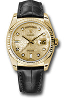 Rolex Yellow Gold Day-Date 36 Watch - Fluted Bezel - Champagne Jubilee Diamond Dial - Black Leather - 118138 chjdl