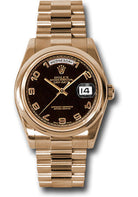 Rolex Pink Gold Day-Date 36 Watch - Domed Bezel - Black Arabic Dial - President Bracelet - 118205 bkap