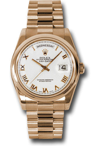 Rolex Pink Gold Day-Date 36 Watch - Domed Bezel - White Roman Dial - President Bracelet - 118205 wrp