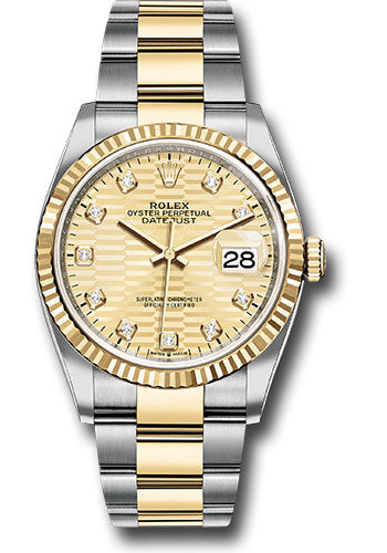 Rolex Yellow Rolesor Datejust 36 Watch - Fluted Bezel - Golden Fluted Motif Diamond Dial - Oyster Bracelet - 126233 gflmdo