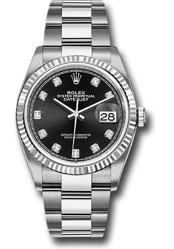 Rolex Steel Datejust 36 Watch - Fluted Bezel - Black Diamond Dial - Oyster Bracelet - 126234 bkdo