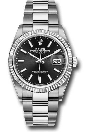 Rolex Steel Datejust 36 Watch - Fluted Bezel - Black Index Dial - Oyster Bracelet - 126234 bkio