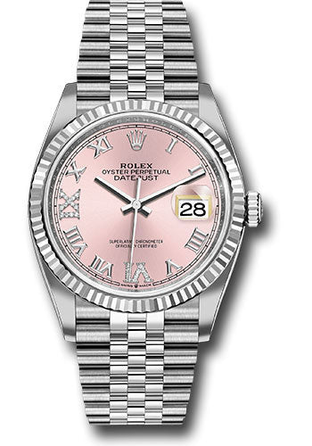 Rolex Steel Datejust 36 Watch - Fluted Bezel - Pink Diamond Roman VI and IX Dial - Jubilee Bracelet - 126234 pdr69j