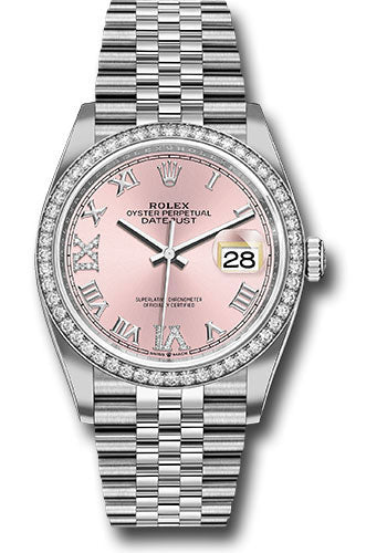 Rolex Steel Datejust 36 Watch - Diamond Bezel - Pink Diamond Roman VI and IX Dial - Jubilee Bracelet - 126284RBR pdr69j