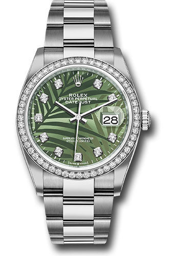 Rolex White Rolesor Datejust 36 Watch - Diamond Bezel - Olive Green Palm Motif Diamond 6 Dial - Oyster Bracelet - 126284rbr ogpmdo