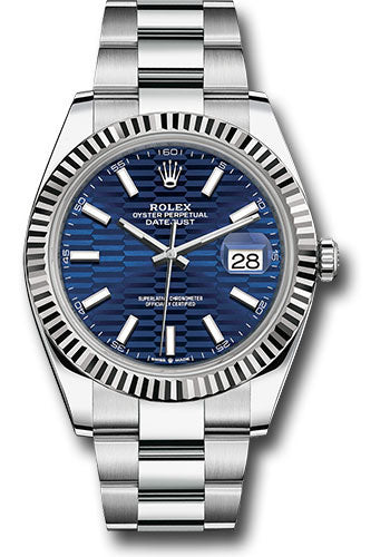 Rolex White Rolesor Datejust 41 Watch - Fluted Bezel - Bright Blue Fluted Motif Index Dial - Oyster Bracelet - 126334 blflmio