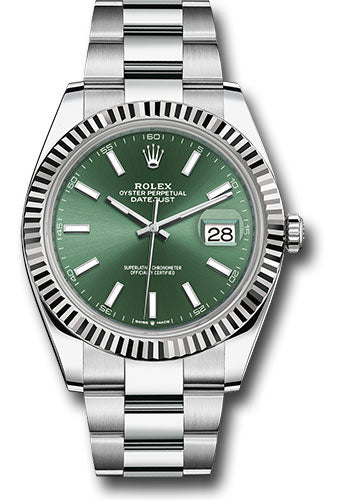 Rolex White Rolesor Datejust 41 Watch - Fluted Bezel - Mint Green Index Dial - Oyster Bracelet - 126334 mgio