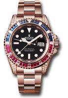 Rolex Everose Gold GMT-Master II 40, Diamond Sapphire Emerald Bezel and Diamond Lugs, Black Dial, Oyster Bracelet, Ref. 126755SARU