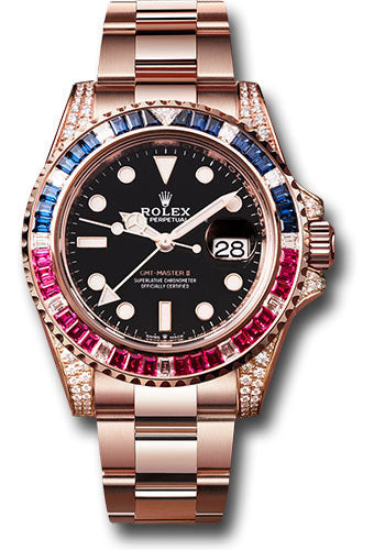 Rolex Everose Gold GMT-Master II 40, Diamond Sapphire Emerald Bezel and Diamond Lugs, Black Dial, Oyster Bracelet, Ref. 126755SARU