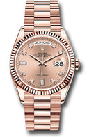 Rolex Everose Gold Day-Date 36 Watch - Fluted Bezel - RosŽ Diamond Dial - President Bracelet - 128235 rodp