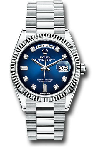 Rolex Platinum Day-Date 36 Watch - Fluted Bezel - Blue OmbrŽ Diamond Dial - President Bracelet - 128236 blodp