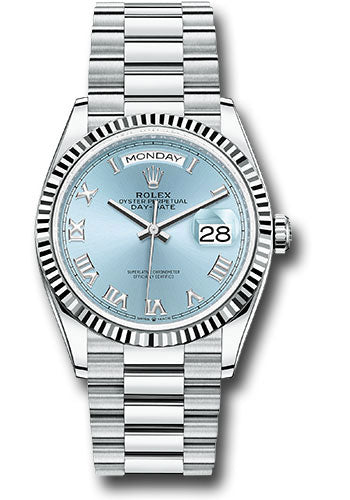 Rolex Platinum Day-Date 36 Watch - Fluted Bezel - Ice Blue Roman Dial - President Bracelet - 128236 ibrp