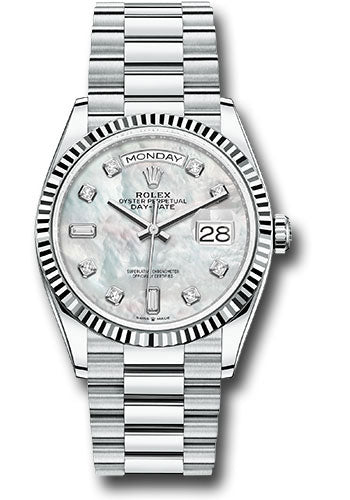 Rolex Platinum Day-Date 36 Watch - Fluted Bezel - White Mother-Of-Pearl Diamond Dial - President Bracelet - 128236 mdp