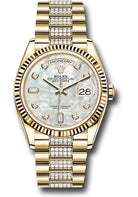 Rolex Yellow Gold Day-Date 36 Watch - Fluted Bezel - White Mother-Of-Pearl Diamond Dial - Diamond President Bracelet - 128238 mddp