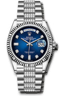 Rolex White Gold Day-Date 36 Watch - Fluted Bezel - Blue OmbrŽ Diamond Dial - Diamond President Bracelet - 128239 bloddp