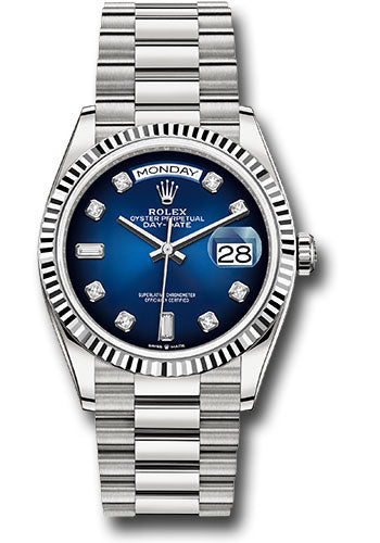 Rolex White Gold Day-Date 36 Watch - Fluted Bezel - Blue Ombre« Diamond Dial - President Bracelet - 128239 blodp