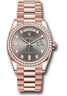 Rolex Everose Gold Day-Date 36 Watch - Diamond Bezel - Slate Diamond Dial - President Bracelet - 128345rbr sldp