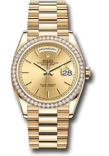 Rolex Yellow Gold Day-Date 36 Watch - Diamond Bezel - Champagne Index Dial - President Bracelet - 128348RBR chip