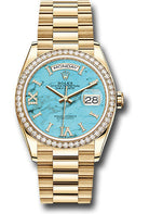 Rolex Yellow Gold Day-Date 36 Watch - Diamond Bezel - Turquoise Diamond Roman Dial - President Bracelet - 128348RBR tdidrp