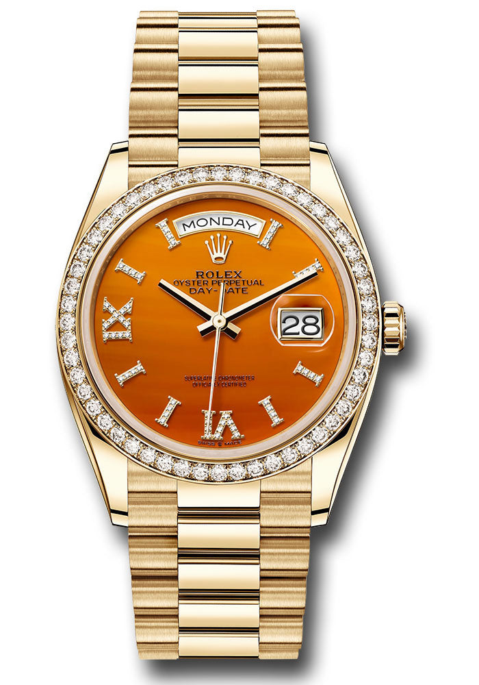 Rolex Yellow Gold Day-Date 36 Watch - Diamond Bezel - Carnelian Diamond Index Roman 9 Dial - President Bracelet - 128348rbr cardidrp