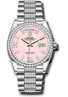 Rolex White Gold Day-Date 36 Watch - Diamond Bezel - Pink Opal Diamond Index Roman 9 Dial - Diamond President Bracelet - 128349rbr podidrdp