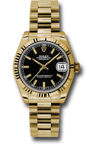 Rolex Yellow Gold Datejust 31 Watch - Fluted Bezel - Black Index Dial - President Bracelet - 178278 bkip