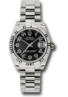 Rolex White Gold Datejust 31 Watch - Fluted Bezel - Black Concentric Circles Arabic Dial - President Bracelet - 178279 bkcap