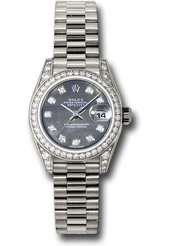 Rolex White Gold Lady-Datejust 26mm - 42 Diamond Bezel - Dark Mother-Of-Pearl Diamond Dial - President Bracelet - 179159 dkmdp