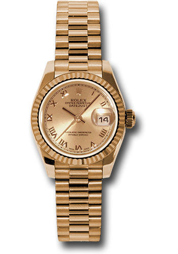 Rolex Pink Gold Lady-Datejust 26mm - Fluted Bezel - Champagne Roman Dial - President Bracelet - 179175 chrp