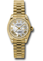 Rolex Yellow Gold Lady-Datejust 26 Watch - Fluted Bezel - Mother-Of-Pearl Roman Dial - President Bracelet - 179178 mrp