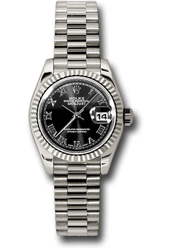 Rolex White Gold Lady-Datejust 26mm - Fluted Bezel - Black Roman Dial - President Bracelet - 179179 bkrp