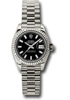 Rolex White Gold Lady-Datejust 26 Watch - Fluted Bezel - Black Index Dial - President Bracelet - 179179 bksp