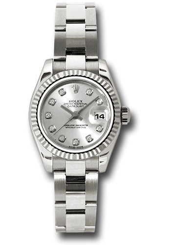 Rolex White Gold Lady-Datejust 26 Watch - Fluted Bezel - Silver Diamond Dial - Oyster Bracelet - 179179 sdo