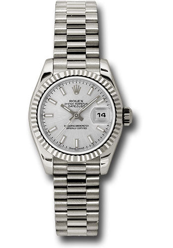 Rolex White Gold Lady-Datejust 26 Watch - Fluted Bezel - Silver Index Dial - President Bracelet - 179179 ssp