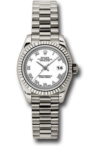 Rolex White Gold Lady-Datejust 26mm - Fluted Bezel - White Roman Dial - President Bracelet - 179179 wrp