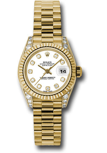 Rolex Yellow Gold Lady-Datejust 26 Watch - Fluted Bezel - White Diamond Dial - President Bracelet - 179238 wdp