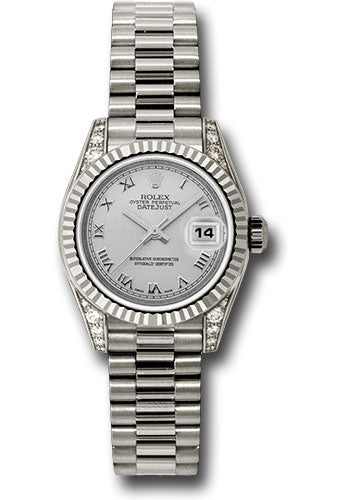 Rolex White Gold Lady-Datejust 26 Watch - Fluted Bezel - Silver Roman Dial - President Bracelet - 179239 srp